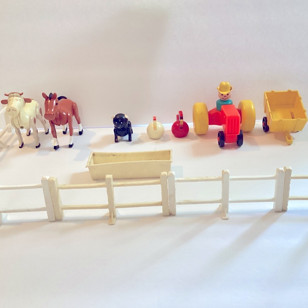 Vintage Fisher Price little people farm animals, tractor, farmer and trailer